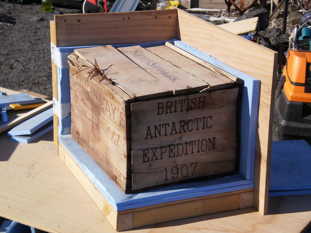 2009-10 Mackinlay's whisky crate in packing box, Shackleton's 'Nimrod' hut, Cape Royds