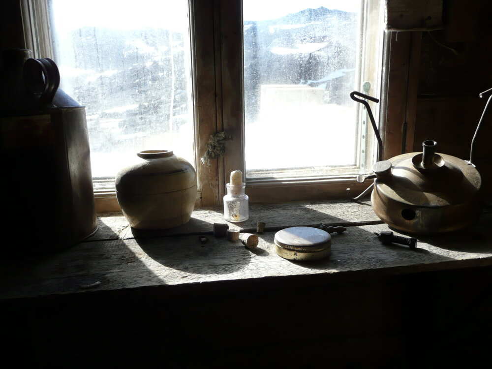 2009-10 Artefacts on window shelf, Shackleton's 'Nimrod' hut