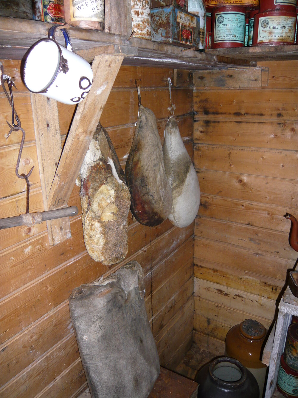 2008 Three hams hanging inside Shackleton's 'Nimrod' hut
