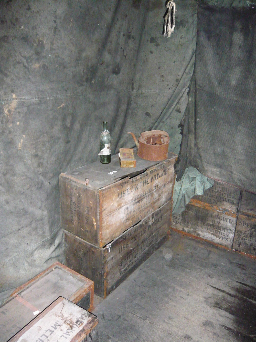 2008 Artefacts on stacked dog biscuit boxes inside Scott's 'Discovery' hut