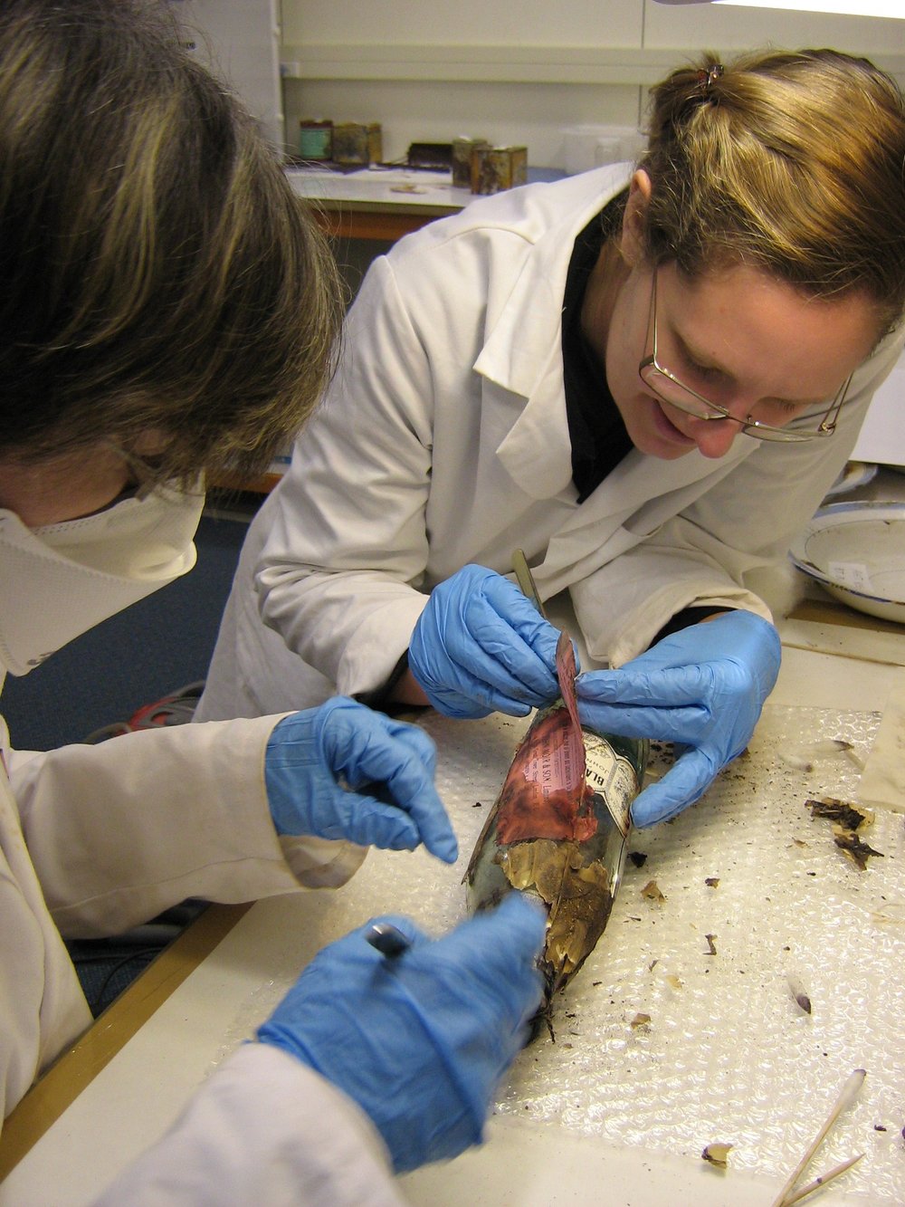 2007 Conservators Emily Fryer and Fiona Cahill removing a wrapper