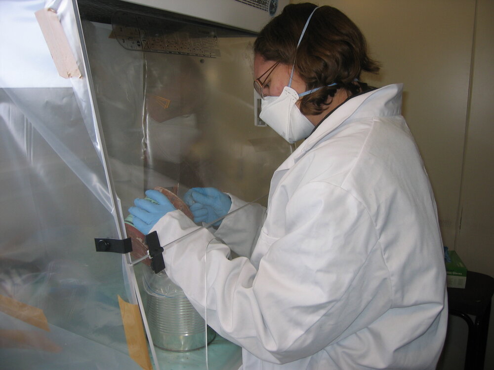 2007 Conservator Emily Fryer emptying a can under the fume hood