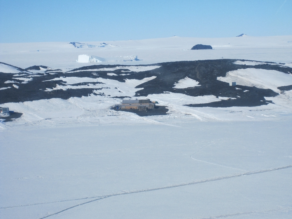 2010-11 Aerial view of Scott's 'Terra Nova' hut and Wind Vane Hill
