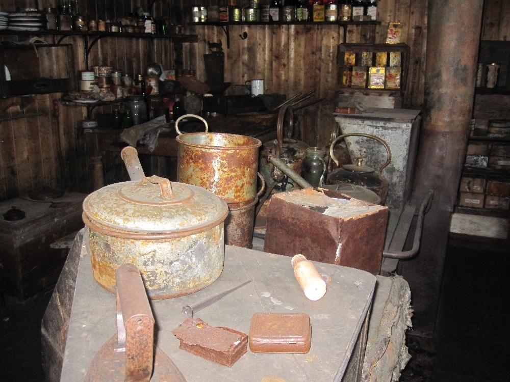 2010-11 Cookware artefacts on the stove inside Scott's 'Terra Nova' hut