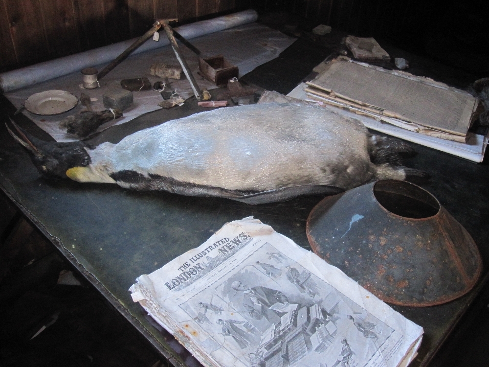 2010-11 Artefacts on the chart table inside Scott's 'Terra Nova' hut, Cape Evans