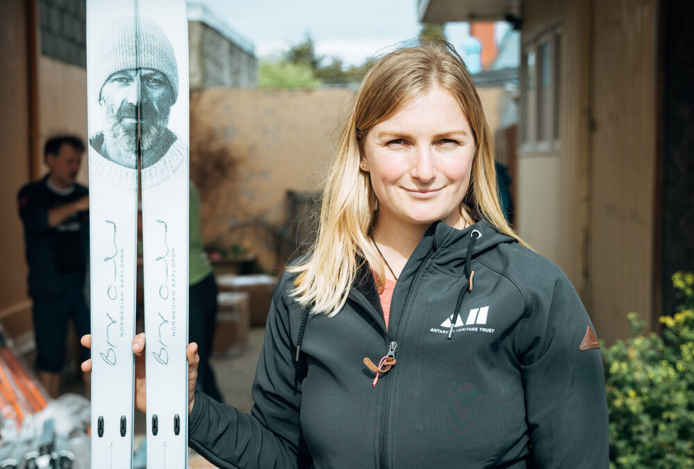 Laura Andrews with skis during expedition preparations
