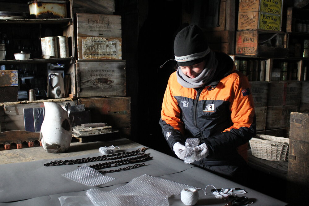 2021-22 Scott's 'Terra Nova' hut, conservators at work, AHT's Jane Hamill (003)