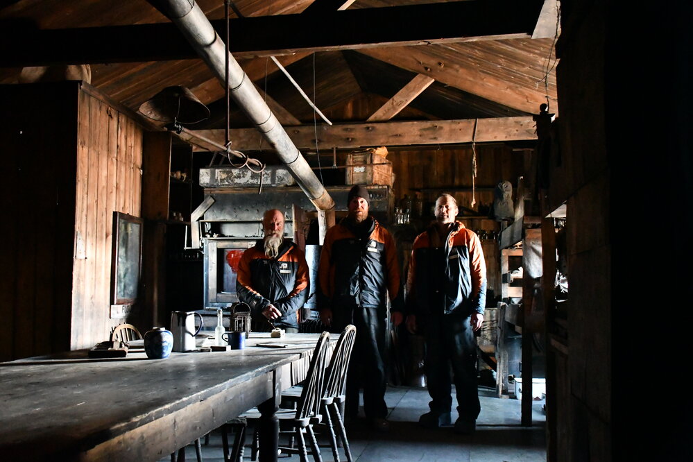 2021-22 AHT's Al Fastier, Zack Bennett, and John Taylor inside Scott's 'Terra Nova' hut (001)