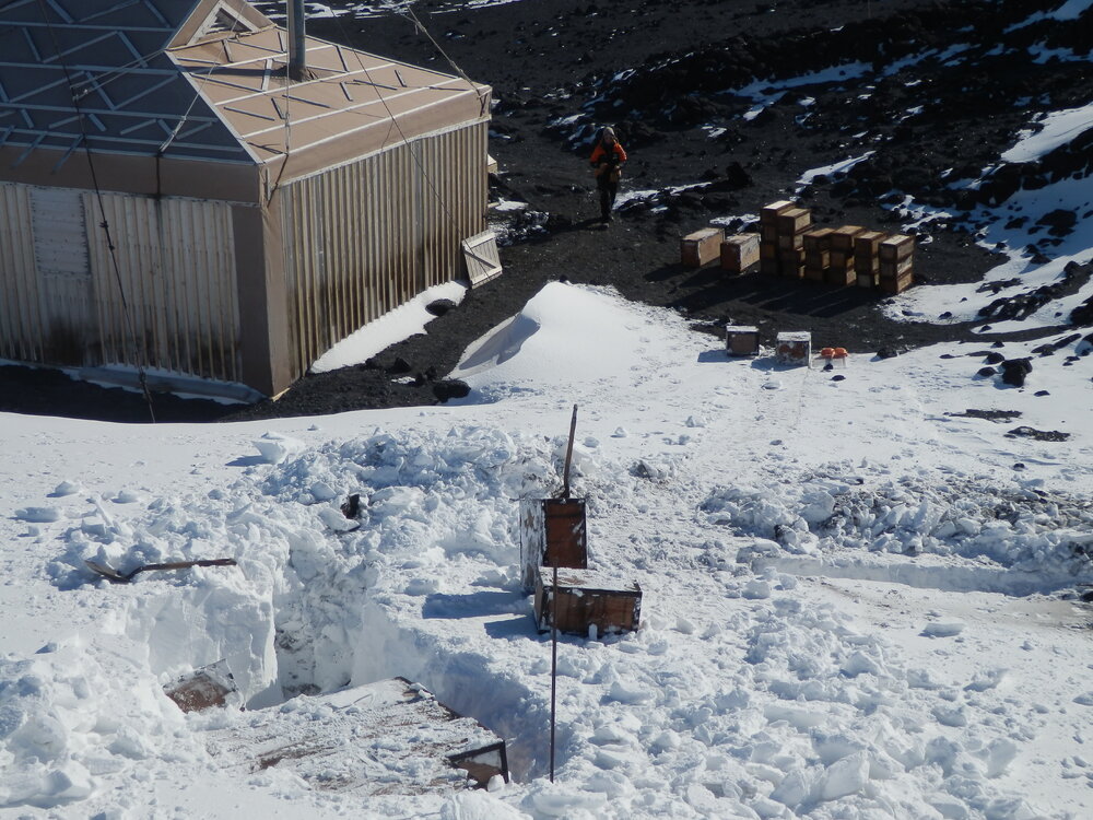 Venesta case excavation underway near Shackleton's 'Nimrod' Hut 