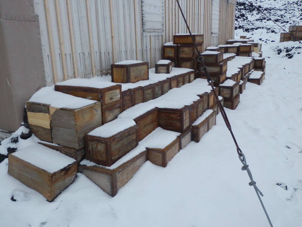 Snow build-up on boxes, Shackleton's 'Nimrod' Hut (001)