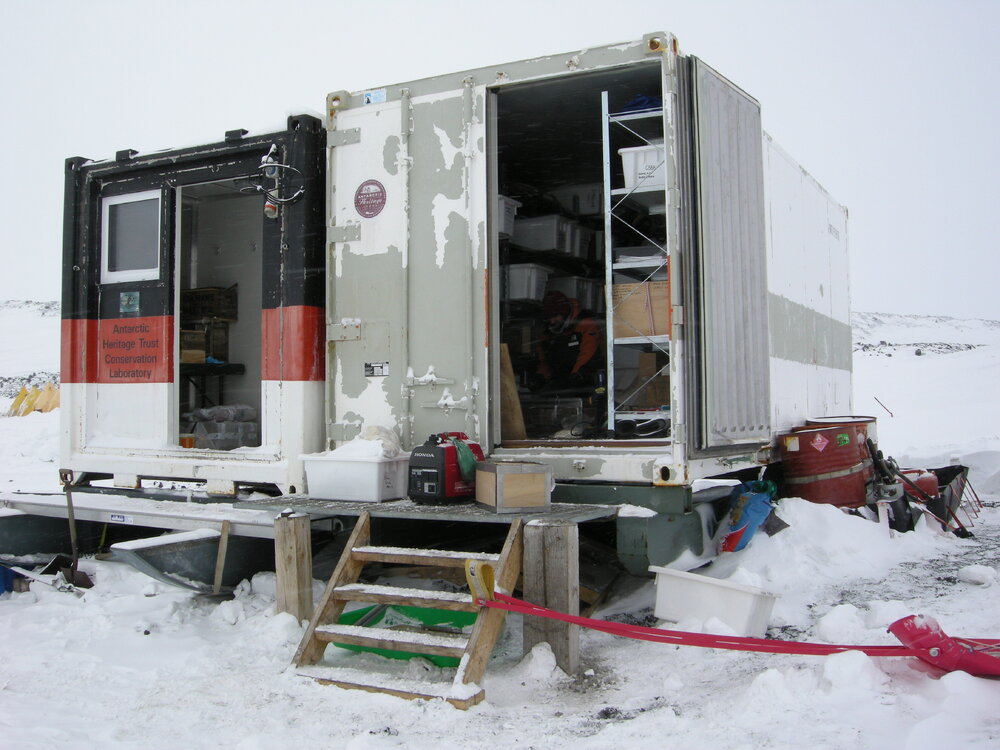 2013-14 AHT containers at the field camp on Home Beach, Cape Evans
