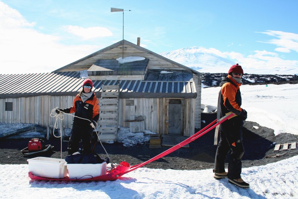 2013-14 Josiah Wagener and Lizzie Meek with a pulk, Cape Evans