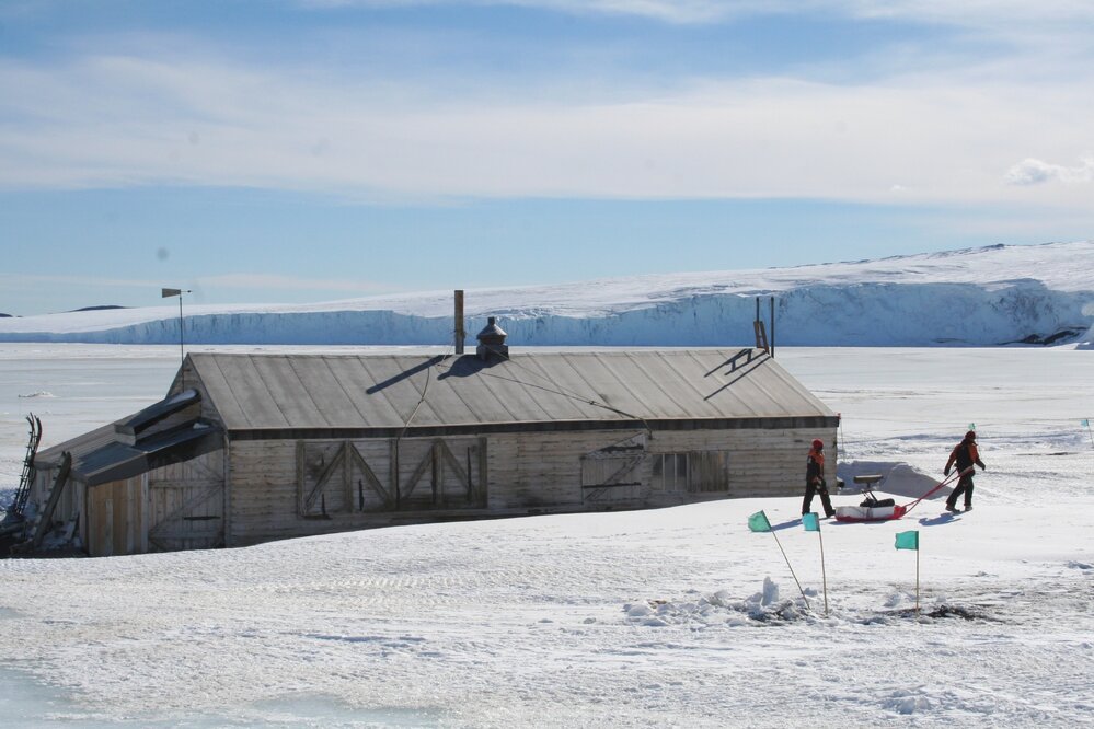 2013-14 Josiah Wagener and Lizzie Meek with a pulk, Cape Evans