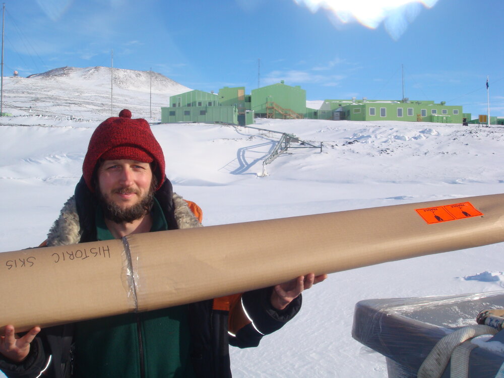 2013-14 Josiah Wagener with Edward Atkinson's skis before return to the hut (002)