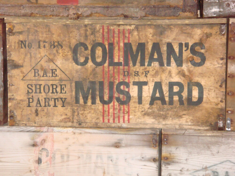 2013-14 Colman's boxes in the bulkhead inside Scott's 'Terra Nova' hut, Cape Evans (002)