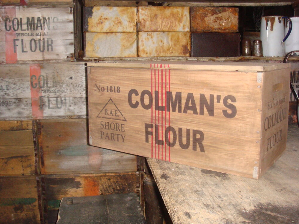 2013-14 Colman's boxes in the bulkhead inside Scott's 'Terra Nova' hut, Cape Evans (003)
