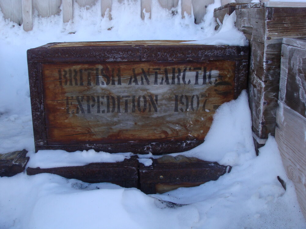 2013-14 Venesta case outside Shackleton's 'Nimrod' hut, Cape Royds (001)