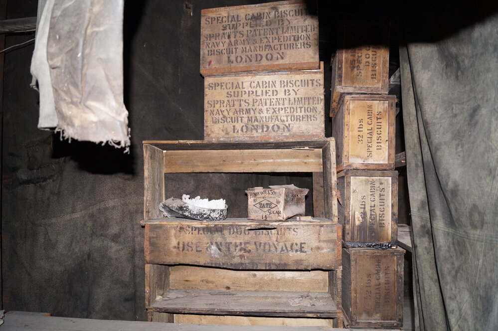 2013-14 Location image, stacked biscuit boxes, Scott's 'Discovery' hut, Hut Point