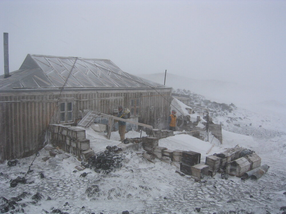 2005 Al Fastier and Neville Ritchie outside Shackleton's 'Nimrod' hut, Cape Royds