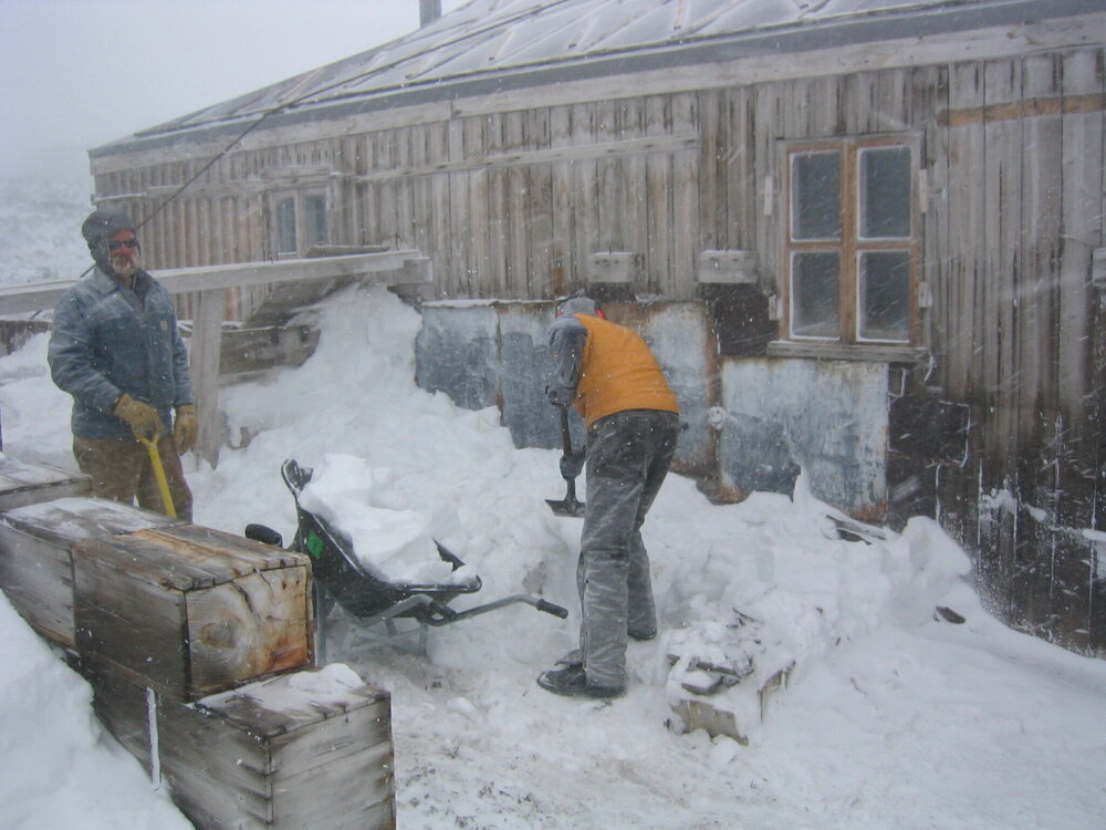 2005 Al Fastier and Neville Ritchie outside Shackleton's 'Nimrod' hut, Cape Royds