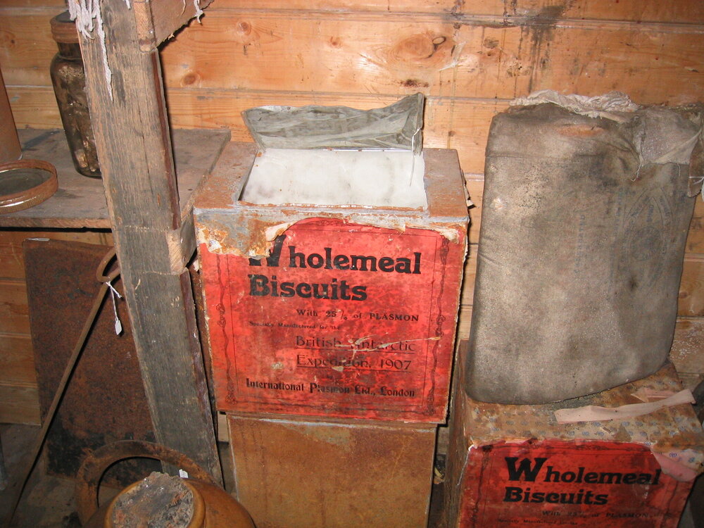2005 Wholemeal biscuits box inside Shackleton's 'Nimrod' hut, Cape Royds