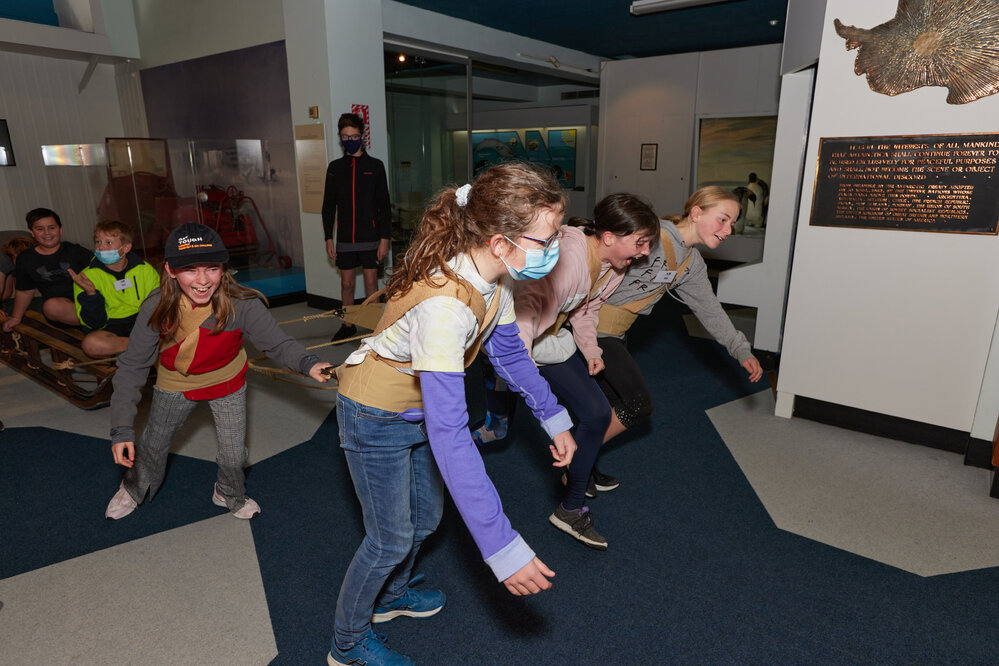 2022 Young Inspiring Explorers hauling Antarctic sledges at Canterbury museum (010)