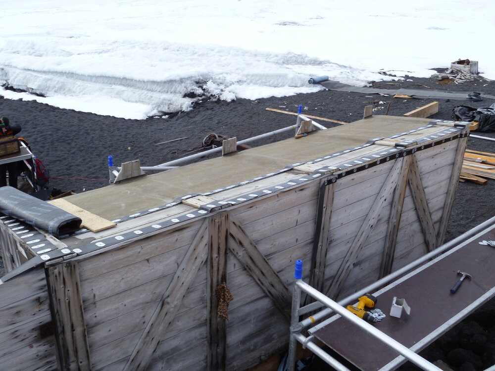 2010-11 Latrine roof cladding in progress, Cape Evans