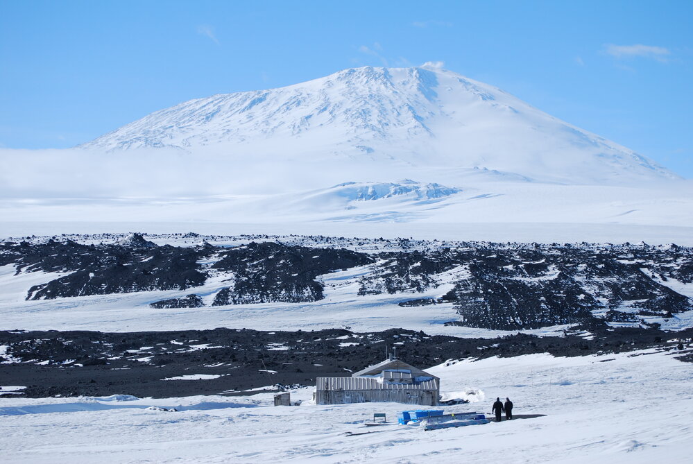 West elevation of Scott's 'Terra Nova' hut and Mount Erebus