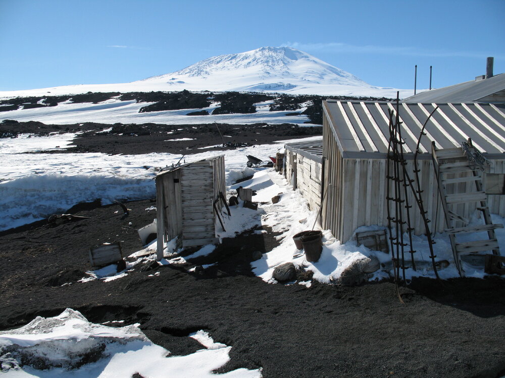 Northwest elevation of  Scott's 'Terra Nova' hut and Mount Erebus