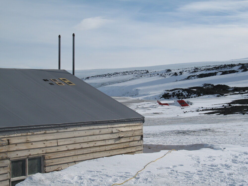 Helicopter at Scott's 'Terra Nova' hut (001)