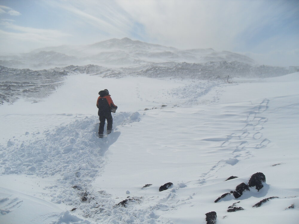 2010-11 An AHT team member carrying a Venesta case, Cape Evans