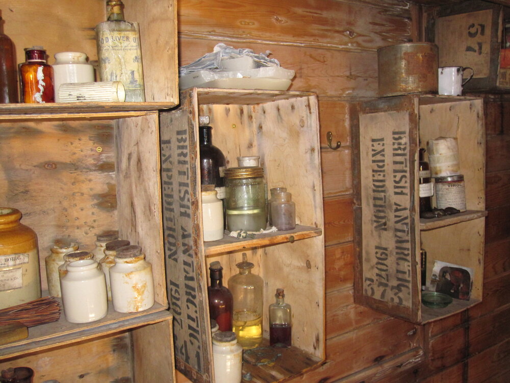 2010-11 Medicinal supplies on shelves inside Shackleton's 'Nimrod' hut