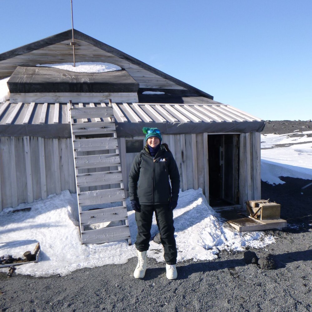 Sarah Bouckoms outside Scott's 'Terra Nova' hut