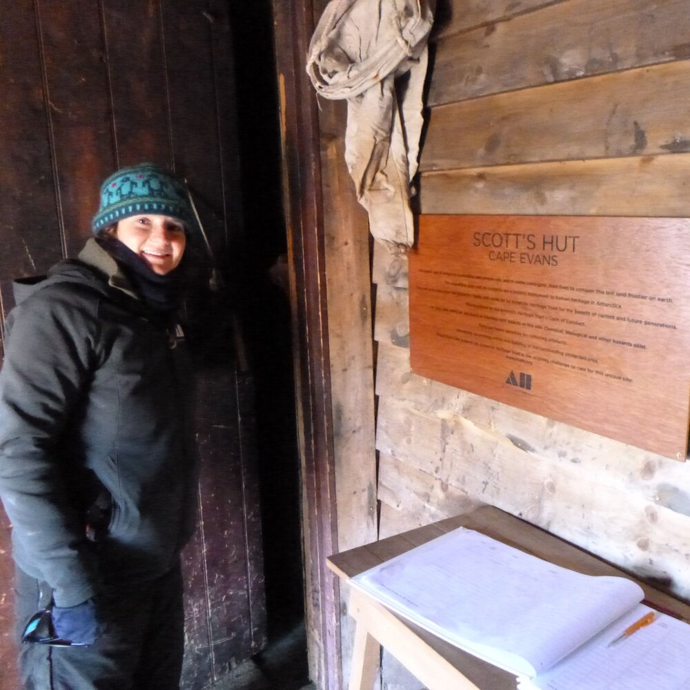 Sarah Bouckoms inside Scott's 'Terra Nova' hut
