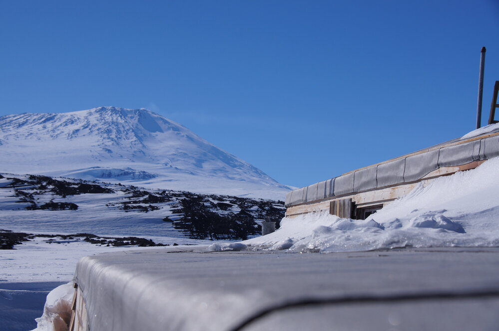 Scott's 'Terra Nova' hut roof and Mount Erebus