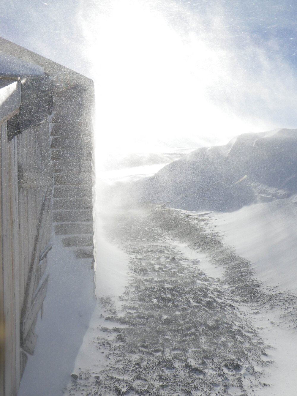 Snowy haze at Scott's 'Terra Nova' hut