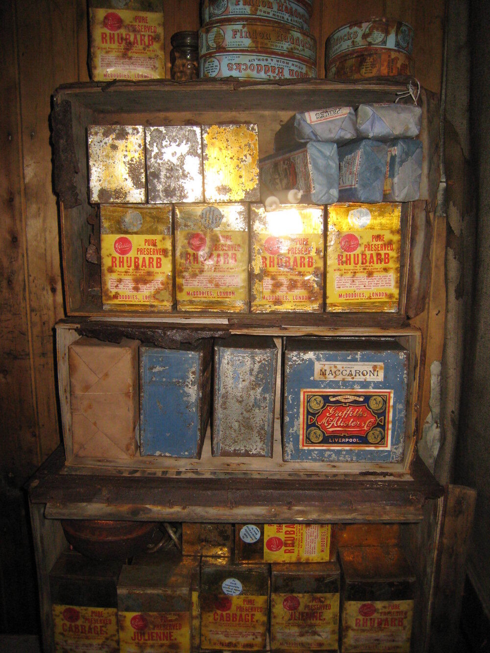 Tinned food in improvised shelves, Scott's 'Terra Nova' hut 
