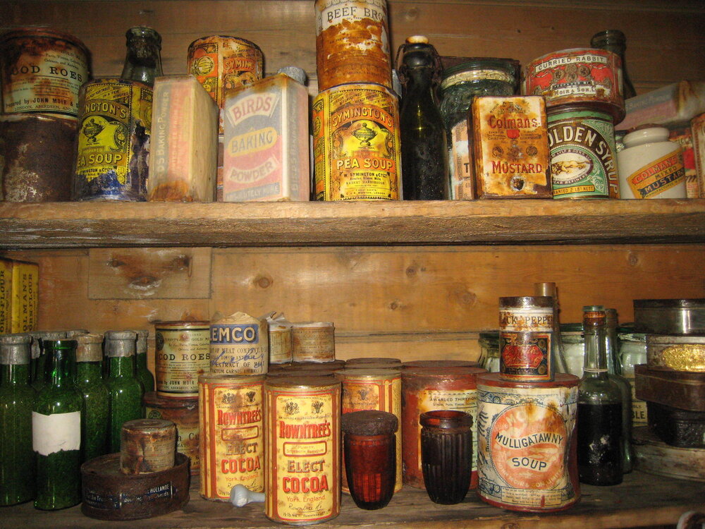 Tinned and bottled food in galley, Shackleton's 'Nimrod' hut