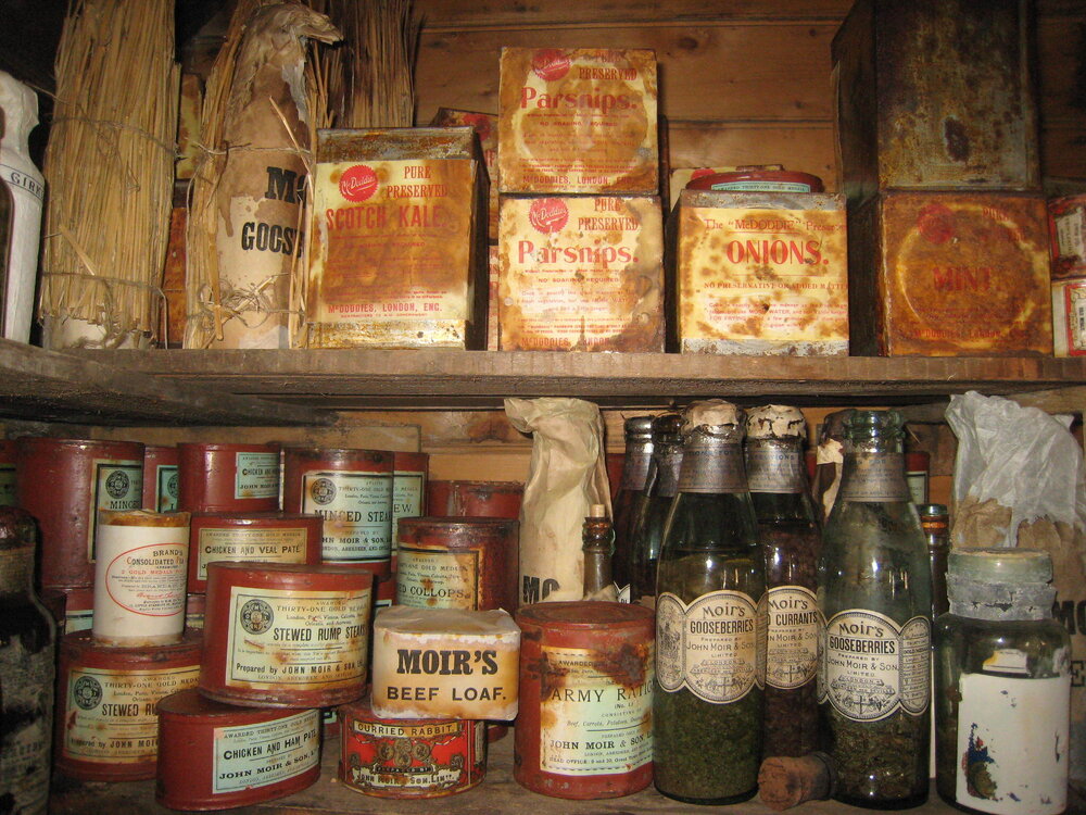 Tinned and bottled food in galley, Shackleton's 'Nimrod' hut (001)