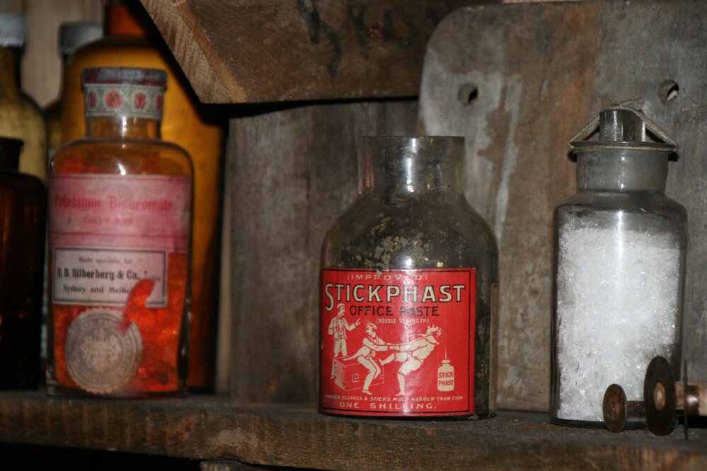 2010-11 Photographic supplies on the shelves within the Darkroom, Cape Evans