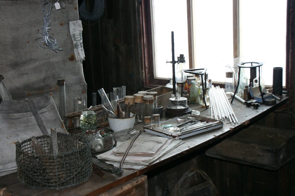 2010-11 Desk in the Biology area inside Scott's 'Terra Nova' hut, Cape Evans