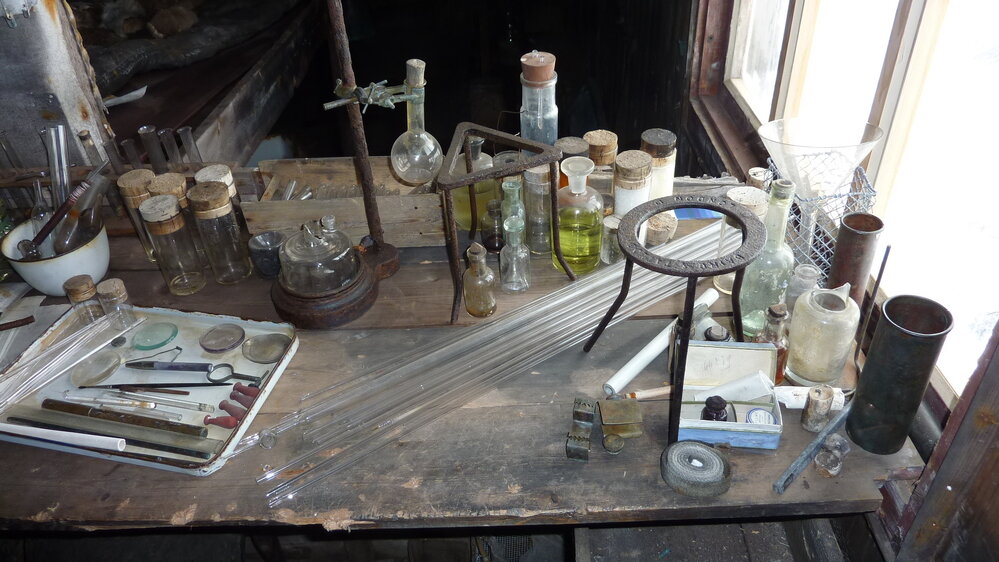2010-11 Artefacts on the Biology table inside Scott's 'Terra Nova' hut (001)