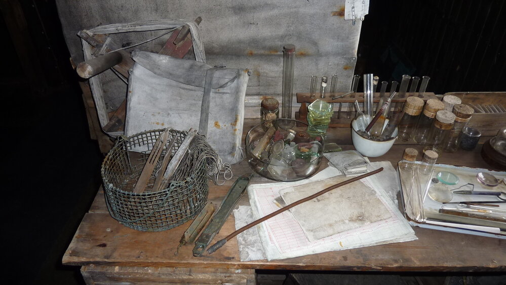 2010-11 Artefacts on the Biology table inside Scott's 'Terra Nova' hut (002)