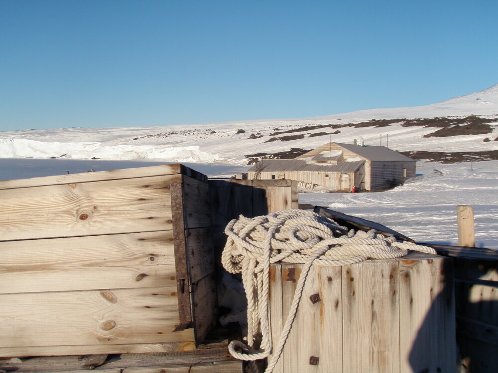 2010-11 Boxes stacked outside Scott's 'Terra Nova' hut, Cape Evans