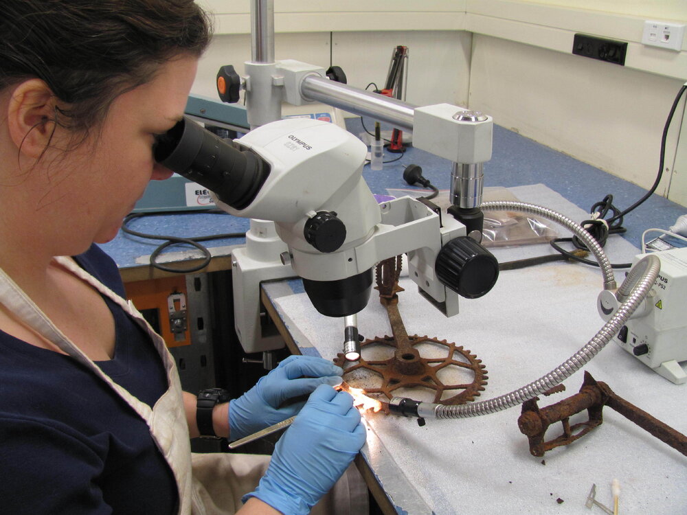 AHT Conservator Jane Hamill treating bicycle pedal