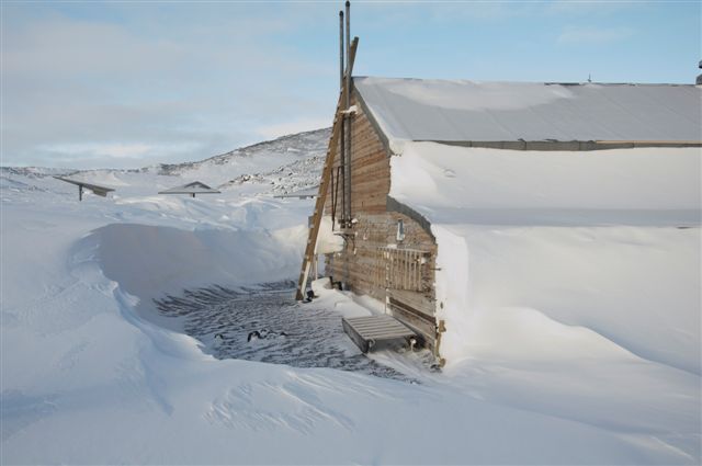 Snow build-up, east elevation of Scott's 'Terra Nova' hut