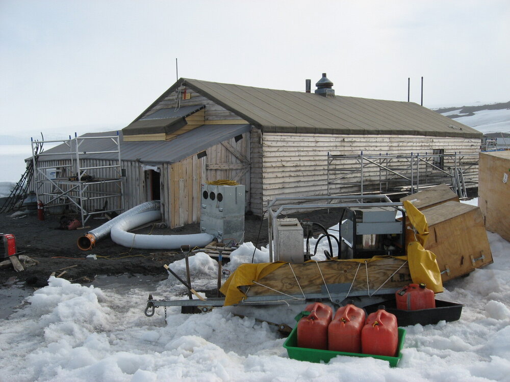 2010-11 AHT equipment outside Scott's 'Terra Nova' hut, Cape Evans