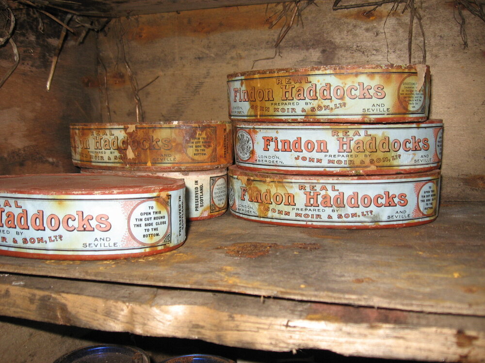 2010-11 Tins of Findon haddocks inside Scott's 'Terra Nova' hut, Cape Evans