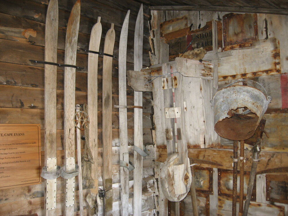 2010-11 Skis and wheelbarrow hanging in the Annexe, Cape Evans