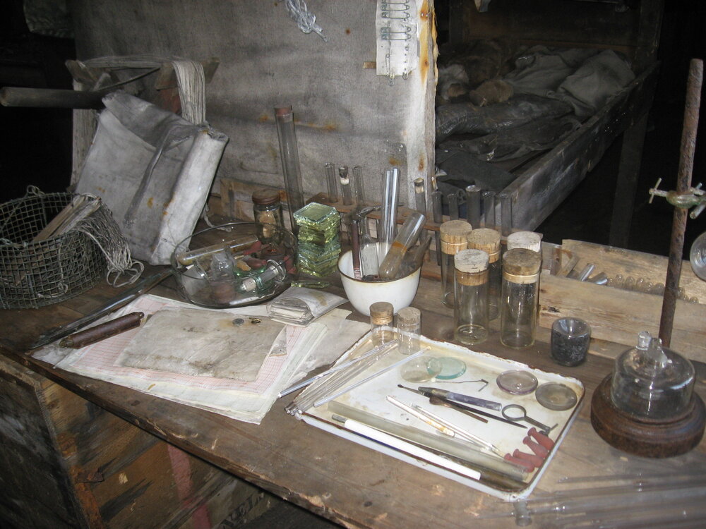 2010-11 Artefacts on the Biology bench inside Scott's 'Terra Nova' hut